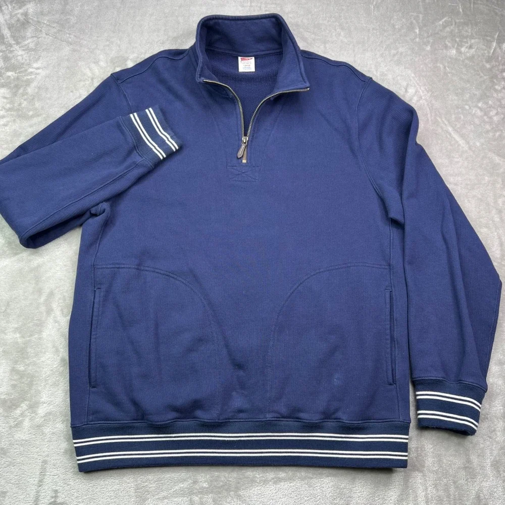 J.Crew Quarter-Zip Pullover Mens Large Navy‎ Blue Striped Trim Cotton Sportswear